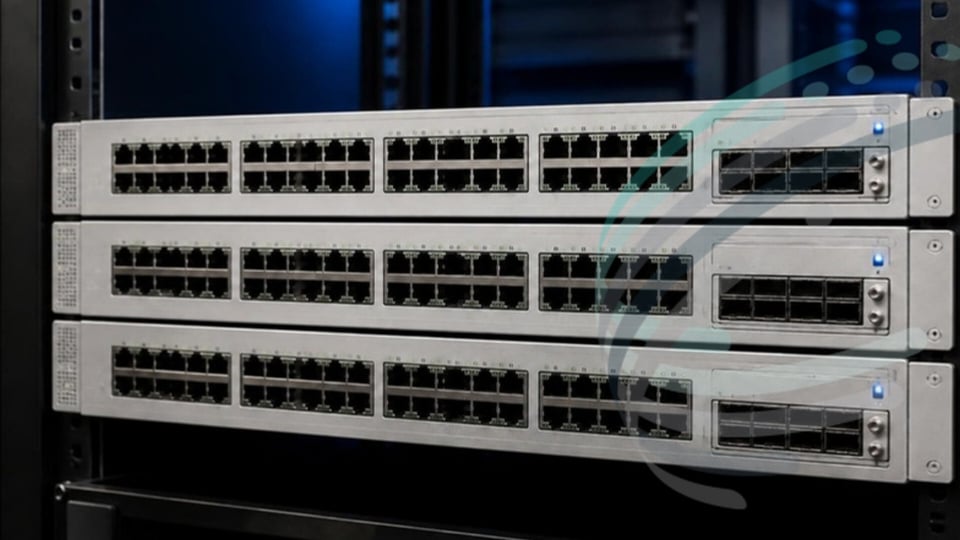 Stack of Cisco Catalyst-style access switches in a comms rack