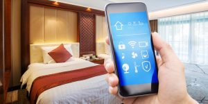mobile phone and modern twin bed room